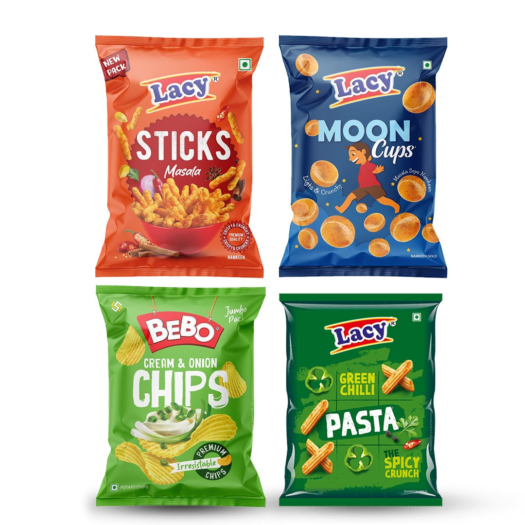 Bebo Chips, Moon Cups, Sticks Masala, Green Chilli Pasta