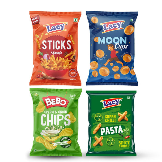 Bebo Chips, Moon Cups, Sticks Masala, Green Chilli Pasta